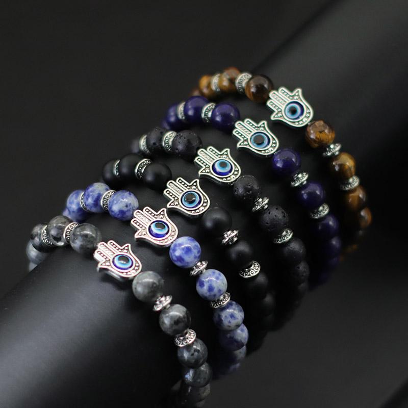 Turecký náramek s okem zla pro muže ženy gotický náramek s rukou Fatimy 8mm přírodní lávový kámen lapis lazuli korálkový náramek pulseras