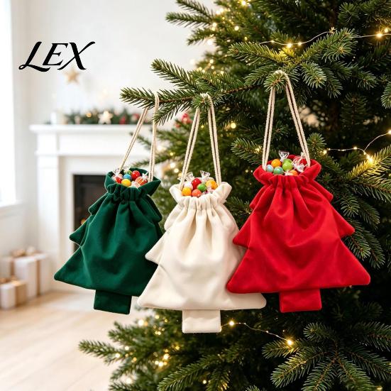 Soft Fabric Present Holders Christmas Tree Drawstring Presents Bag, Reusable Plush Wrapping Pouch, Ornaments Shaped Holiday Favors Bag for Candy,