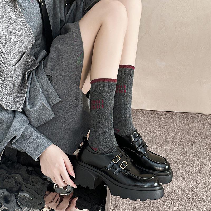 Ankela Red Socks Women's Mid-calf Wine Red Autumn and Spring Collection Red Pile Socks Polka Dot Angola Red