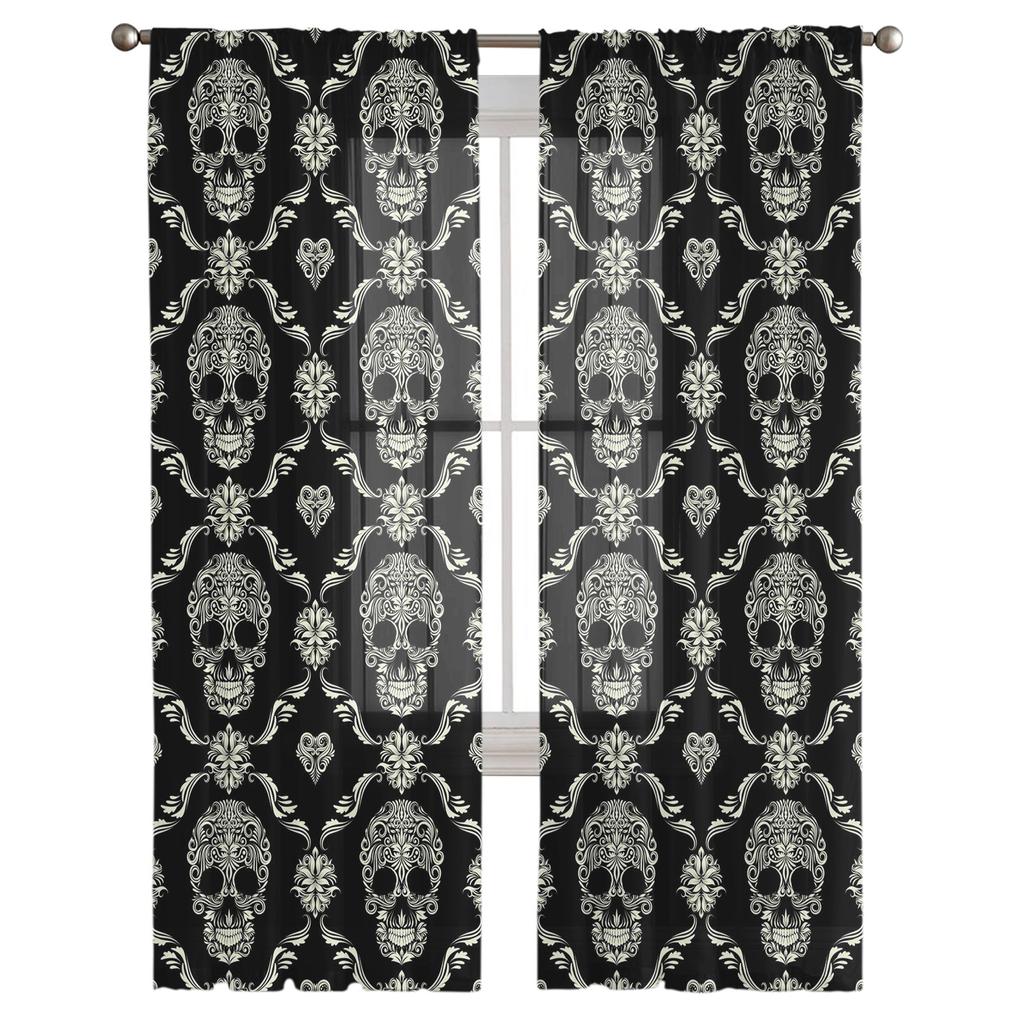 Skull Black Sheer Curtains Window Tulle Curtains For Living Room Bedroom For Kitchen Veiling Curtains Decoration