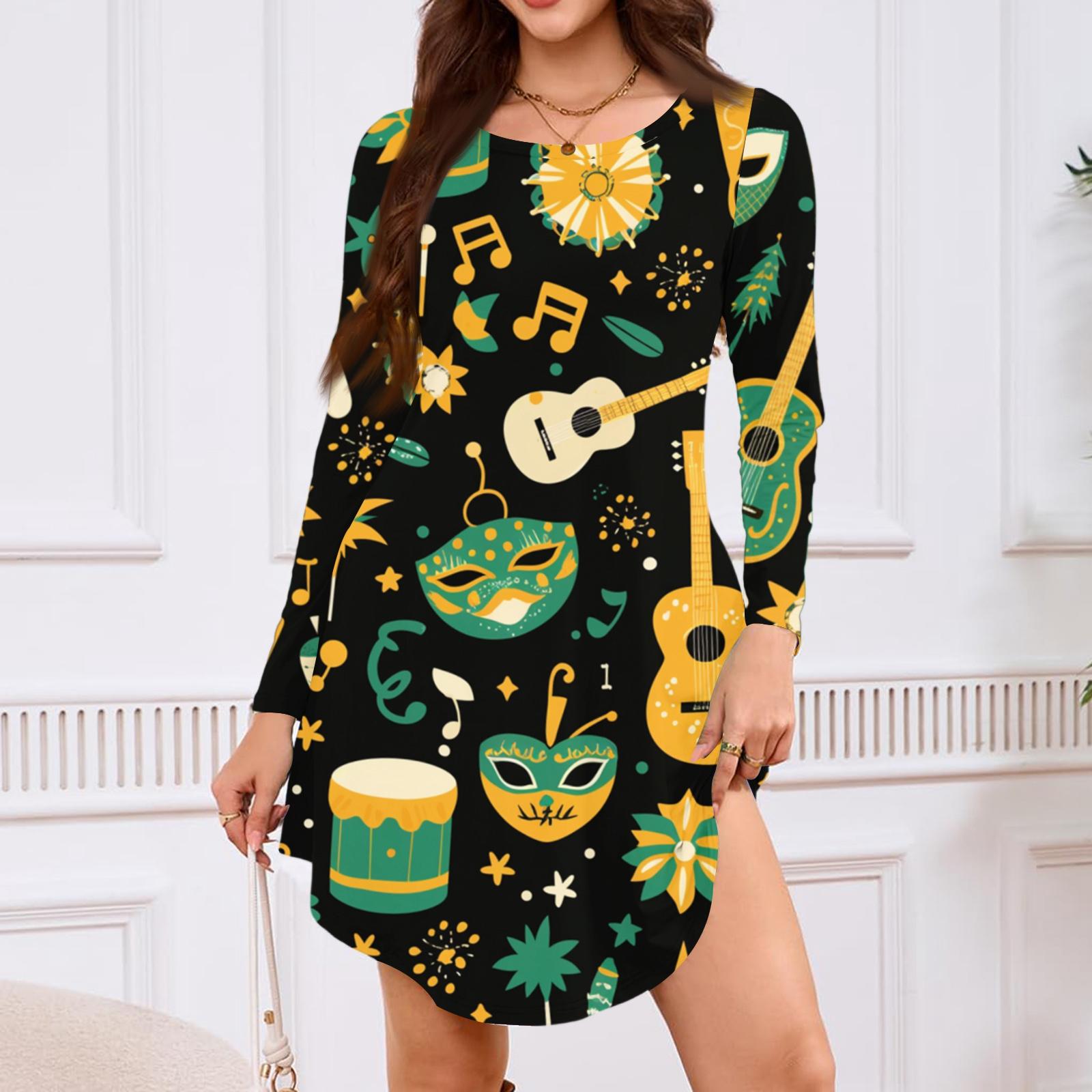Women s Long-sleeved T-shirt Dress Crewneck Knee-high Loose Casual Carnival Printed Dress with Pockets L