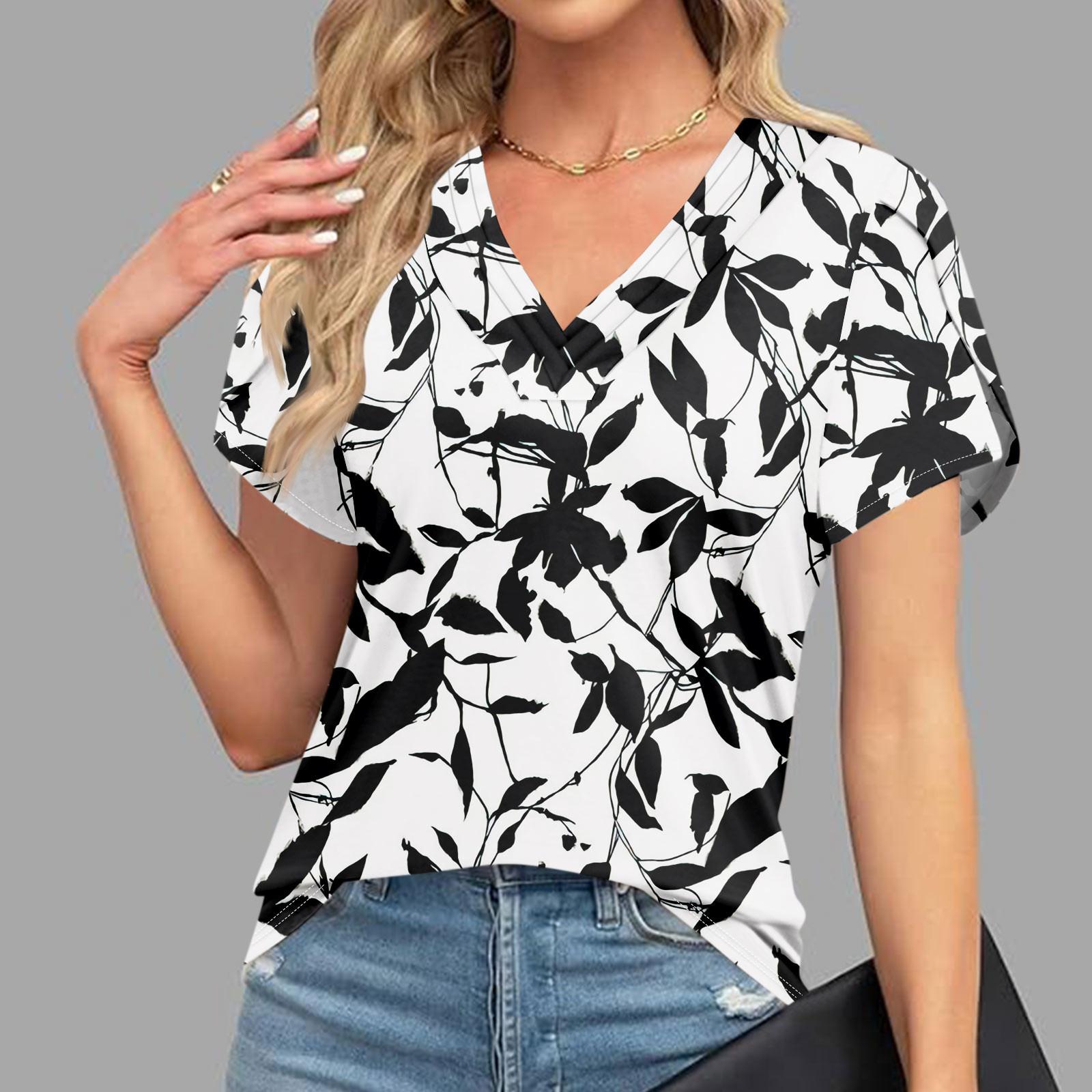 

Блузки для женщин, нарядные повседневные, модные футболки с короткими рукавами и ретро-принтом, уникальный дизайн, большие футболки с v-образным вырезом L чёрный