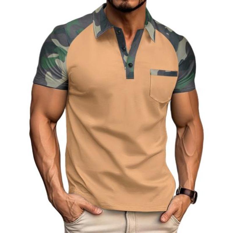 Męskie letnie topy z klapą, z krótkim rękawem, patchworkowe w kolorze kamuflażu, koszulka T-shirt z przednią kieszenią, koszulka outdoorowa