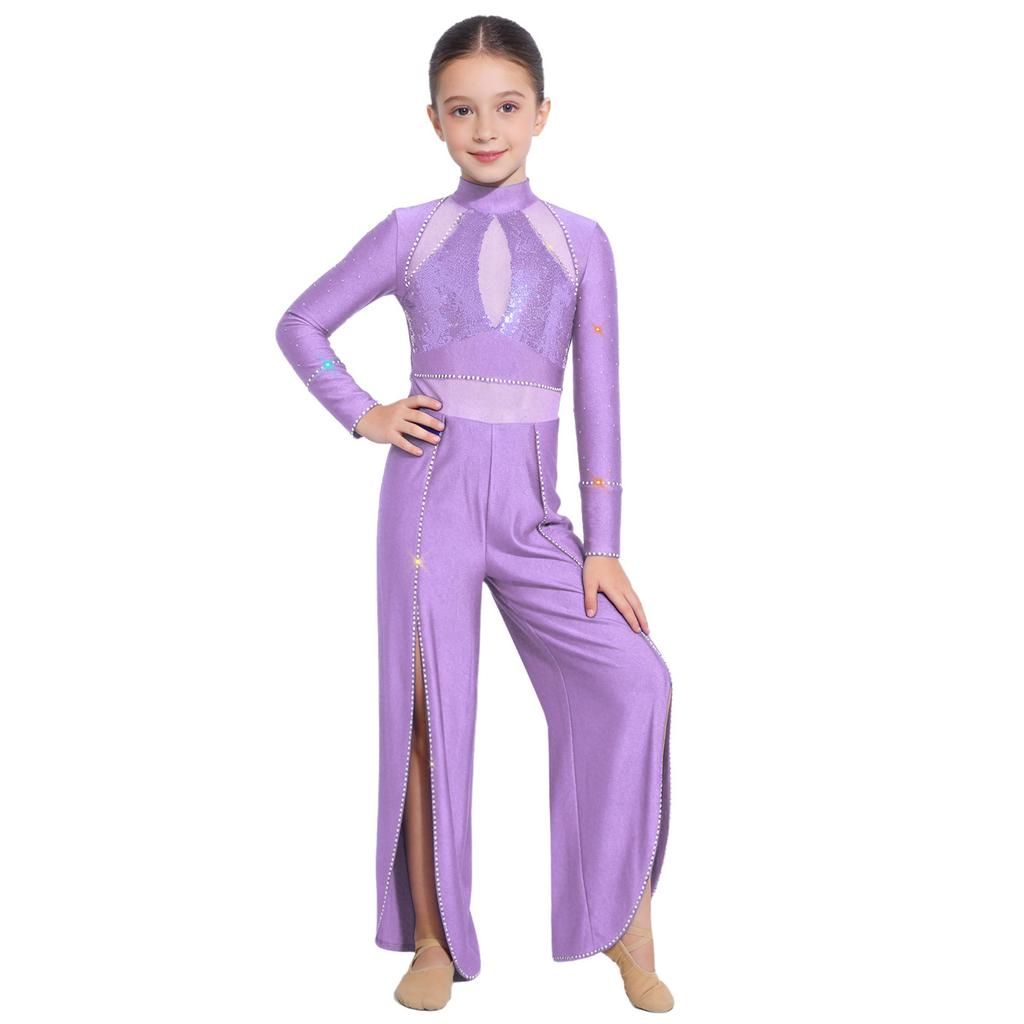 Kids Stage Performance Leotard Mock Neck Long Sleeve Sequins Rhinestone Mesh Patchwork Back Zip Split Wide Leg Jumpsuit for Lyrical Dance