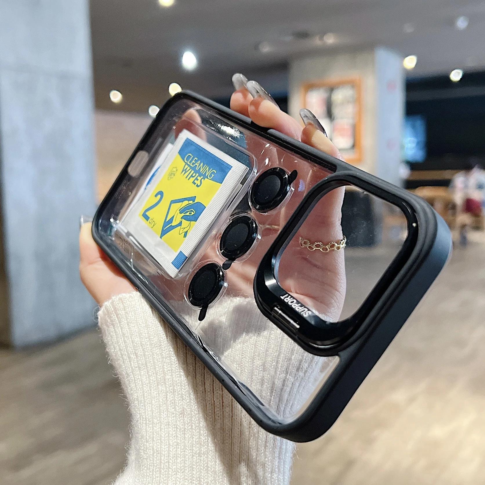 

Акриловый чехол для телефона с металлическим кольцом и подставкой для объектива для iPhone 16 15 14 13 12 11 Pro Max, защитное стекло для камеры, прозрачный противоударный чехол iPhone 16 Pro Max чёрный