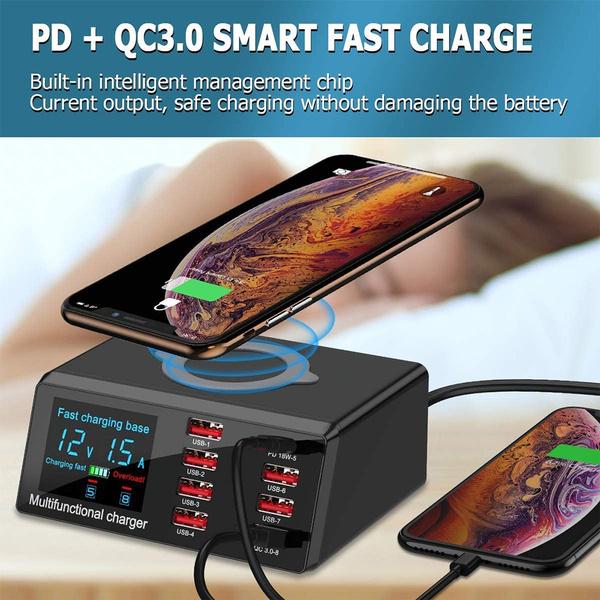 Orangeck Stazione di Ricarica con Caricatore Wireless, 8 Porte Base di Ricarica (Una QC 3.0 e Un Type-C) Caricatore USB con LED Schermo USB Charger per iPhone Samsung Huawei Smartphone e Tablet