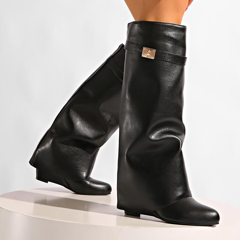 Móda 2025 Nové černé PU dlouhé kozačky dámské zimní sexy špičaté vysoký podpatek nad koleno kovová dekorace designérské dámské Y2K boty