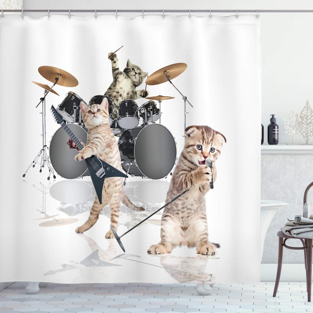 Funny Animals Shower Curtain,Cat Cowboy With Rifle Rides A Horse On Green Grass Ranch With Cow Dog Shower Curtains For Bathroom