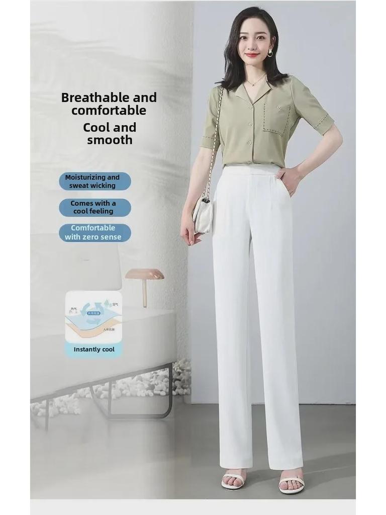 Women's Summer High-Waist White Ice Silk Straight Pants