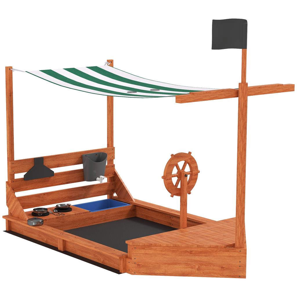 Sandbox with Sun Canopy, Pirate Ship, Incl. Children's Kitchen Play Set, Solid Wood, 180 X 103 X 144.5 Cm, Green