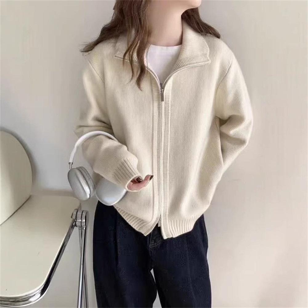 Korean Double-zipper Sweater Cardigan Jacket for Women, New Autumn and Winter Style, Laid-back Style, Soft and Loose Solid Color Knitted Sweater Top