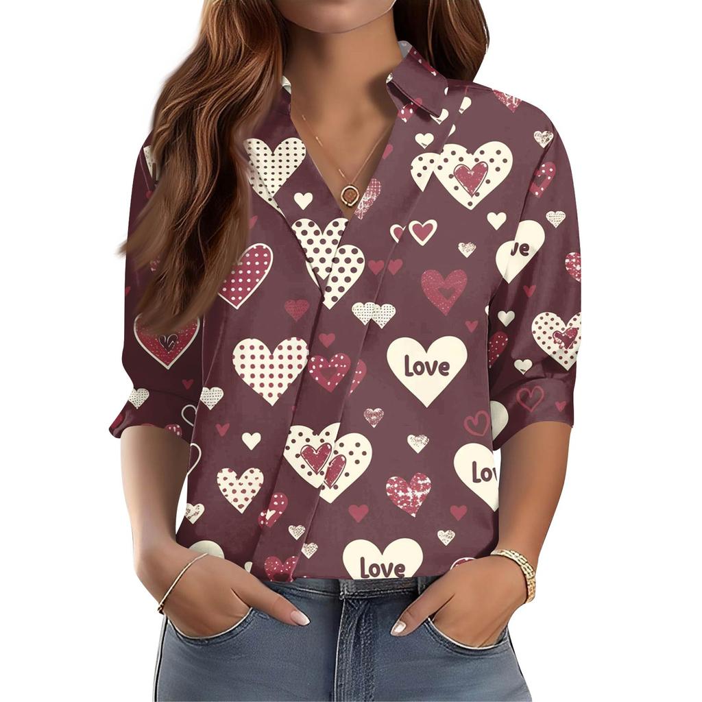 Damen 3/4-Ärmel V-Ausschnitt Hemd Bedruckte Arbeitskleidung Lässig Regulär Hemdkragen Oberteil