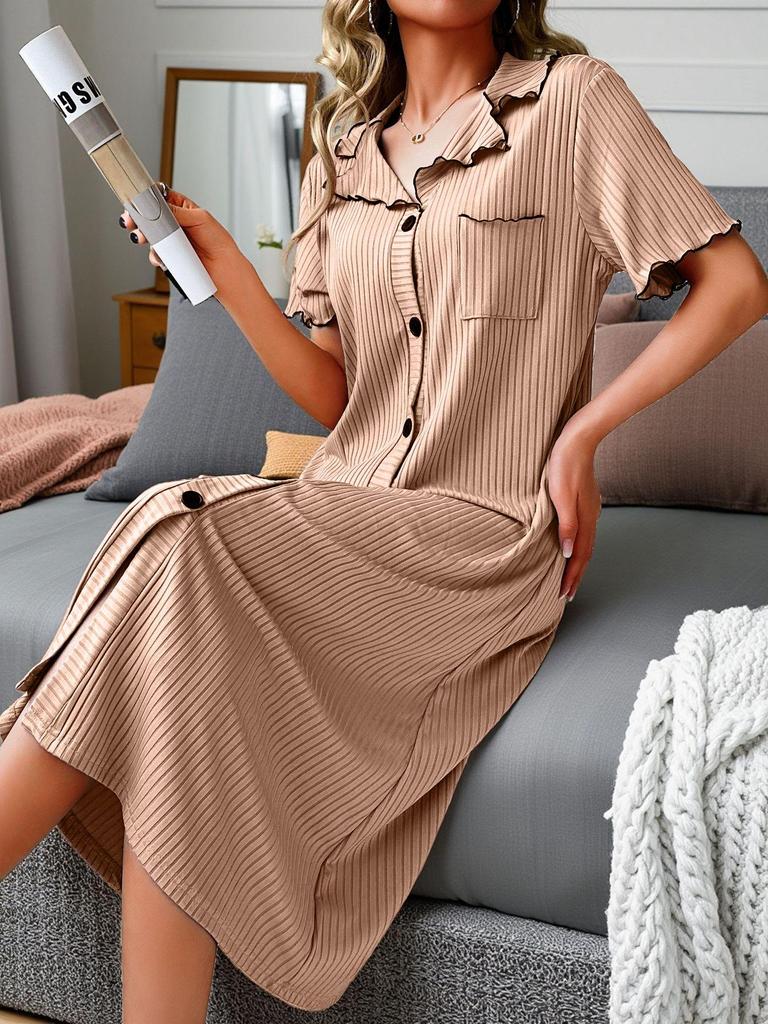 26QH Women's Lapel Short Sleeve Summer Nightgown - Loose, Sexy Pajama Dress for Spring & Autumn