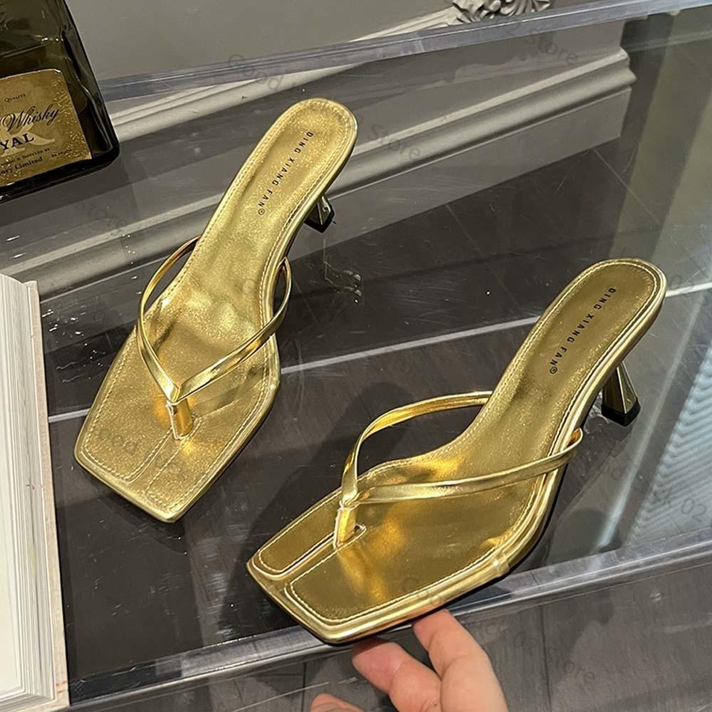 

Fashion 2025 Female Summer Sexy Heels Sandals Slides Ladies Shoes Fashion Women Pumps Square Toe Stiletto Flip Flops High Heels Slippers 35 золотой
