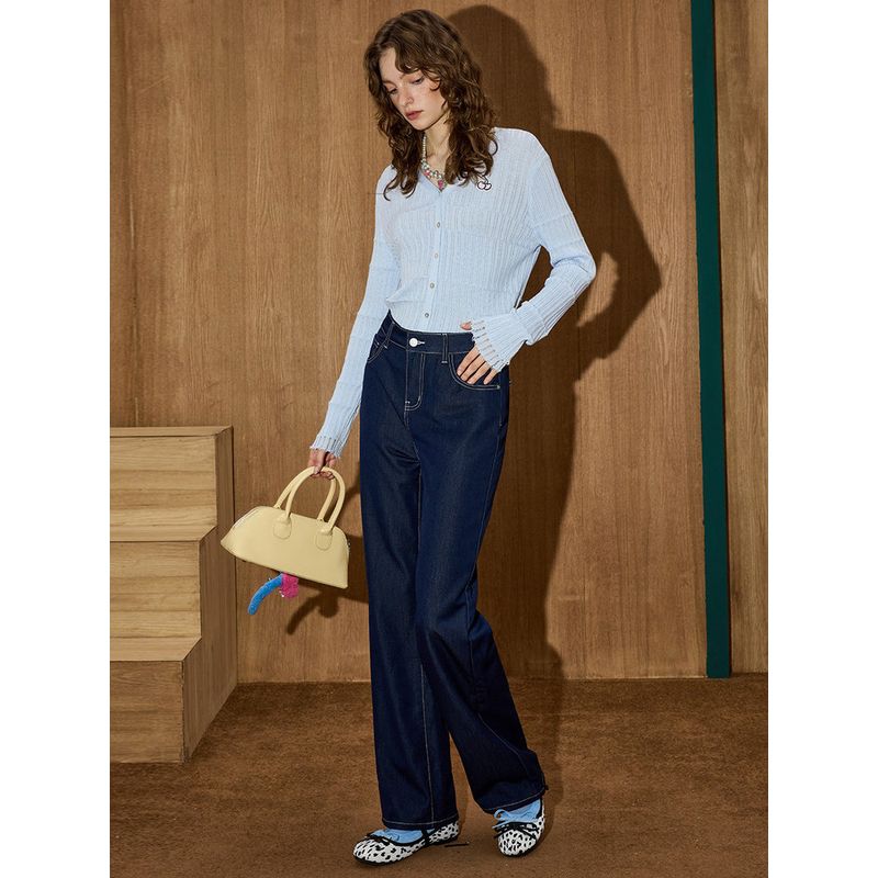 Coolhut2025 Autumn and Winter New Women's Fashion Casual Dark Blue Slimming and Flesh-Covering Women's Straight Wide-Leg Pants