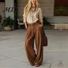 Women Two Piece Outfits Casual Set for Fall, V Neck Collared Shirt Anti Wrinkle Fall & Wide Leg Pants, Loose Fit Trousers Autumn