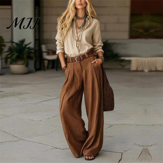 Women Two Piece Outfits Casual Set for Fall, V Neck Collared Shirt Anti Wrinkle Fall & Wide Leg Pants, Loose Fit Trousers Autumn