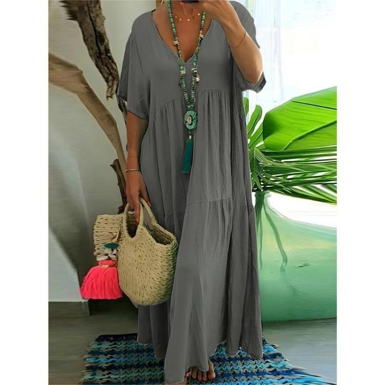 

New Fashion Vintage Elegant Summer Women Long Dress Casual V Neck Swing Cotton Blended Large Size Irregular Design S