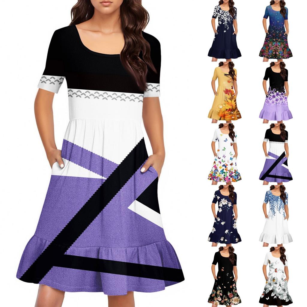 Women's Casual Round Neck Short Sleeved Dress Loose Waist Pleated Dress Waist Pleated Dress