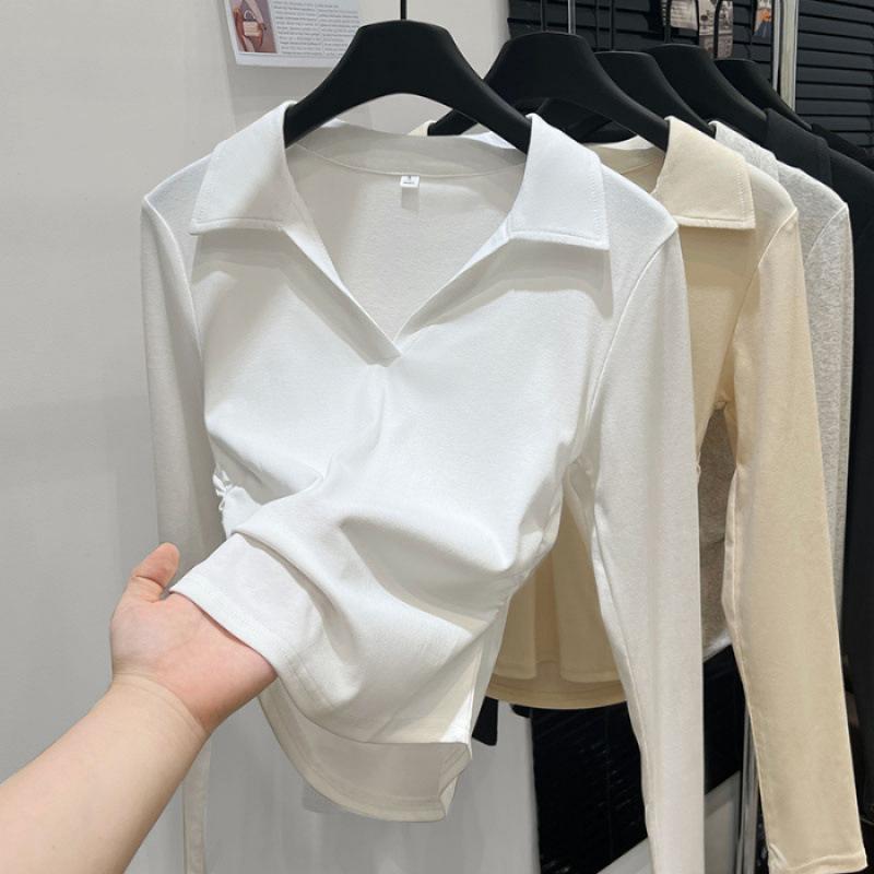 Spring and Autumn New POLO Neck Long Sleeve Women's Slim Skinny Versatile Waist Shoulder T-Shirt