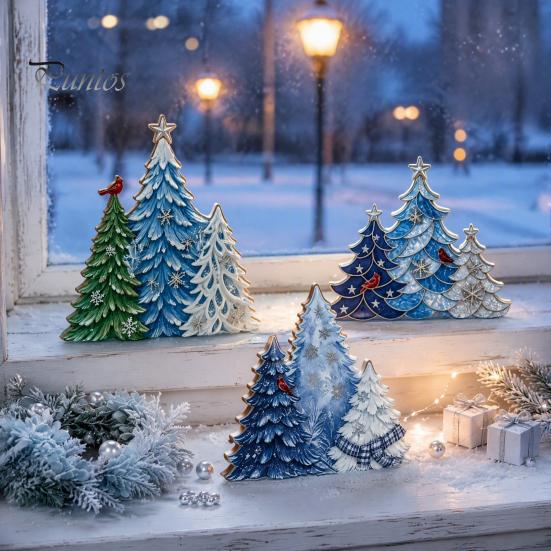 Indoor Festive Home Accessories 3PCS Wooden Christmas Tree Ornaments, Stable Base Seasonal Figurines, Decorative Crafts Plentiful Layers Tabletop