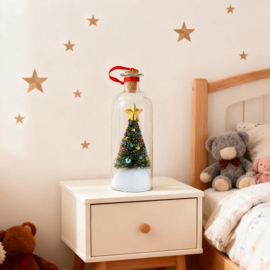 Christmas Tree Message In A Bottle Recordable Voice Message Bottle Ornament with Playback Cork Greeting Glass Bottle with Snowy Scene Xmas Keepsake