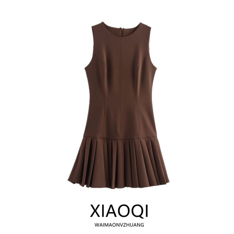 Fashion Style 2024 Fall and Winter New Women's Wide Pleated Mini Crew Neck Casual Sleeveless Dress 4764266