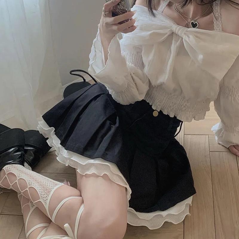 

WTEMPO Sweet Kawaii японские плиссированные юбки с высокой талией, весенне-летние мини-юбки в консервативном стиле, черные, белые мини-юбки L чёрный