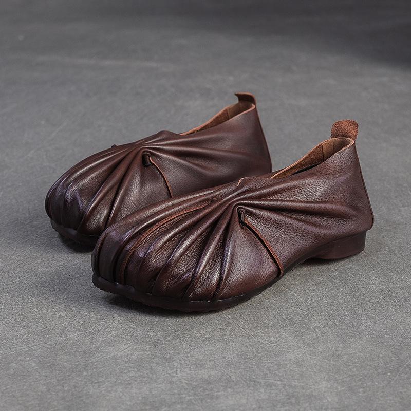 Johnature Retro Handmade Pleated Flats Genuine Leather Round Toe Soft Soled Lightweight Women's Slip-on Shoes