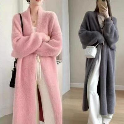 Imitatsioonminksametist pikk kardigan-kampsun - Naiste sügis-talvine lahtine kootud mantel