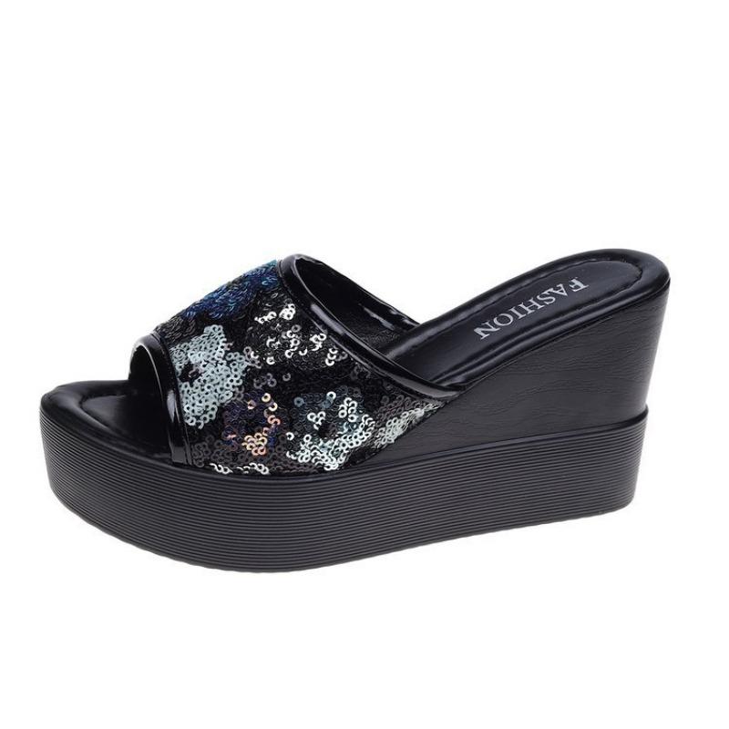 Large Size Wedge Heel Slippers Women Embroidered High Heel Platform Slippers Women