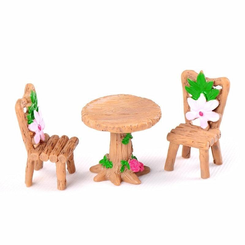 Fairy Garden Decorations Dollhouse Accessories 3Pcs/Set Floral Wooden Table Chairs Miniature Landscape Ornaments
