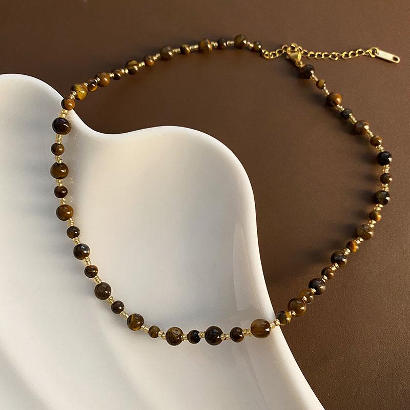 Retro Handgefertigte Perlenkette mit Tigerauge & Imitationsperle im Maillard-Stil