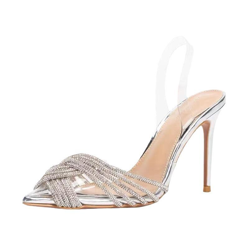 Transparent sandals Baotou crossed rhinestone high heels spring and summer 2025 new back empty shallow mouth sweet banquet wedding shoes