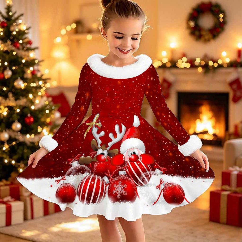 Kids Long Sleeve Christmas Dress, Merry Christmas Print Faux Fur Collar Bow Decor Princess Dresses for Girl Holiday Party Wear