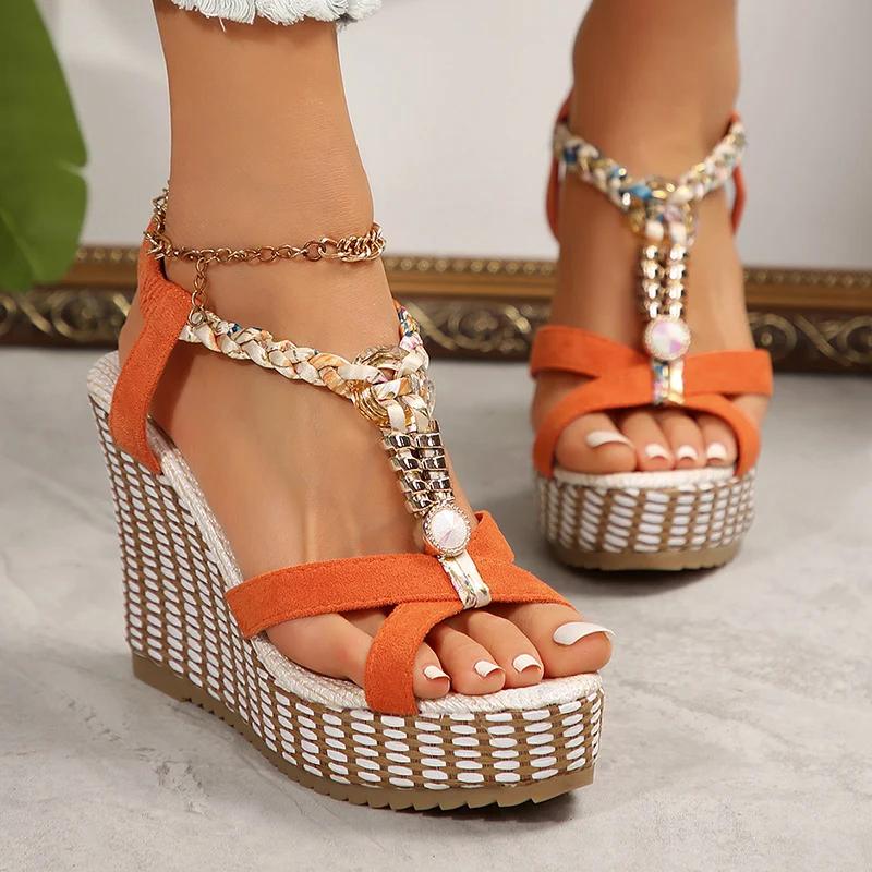 Metal Decortation Women Wedge Heel Sandals Summer 2025 Thick Sole Non Slip Beach Shoes Woman Plus Size Chunky Platform Sandalias