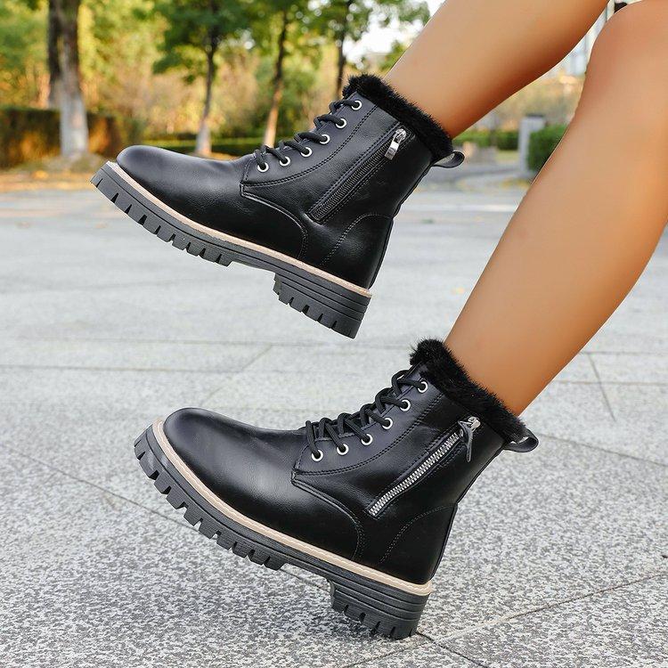 British Style Women's Large Size Padded Thickened Winter Warm Fur One Snow Boots Padded Lining Ankle Boots Non-slip Hiking Sports Martin Boots