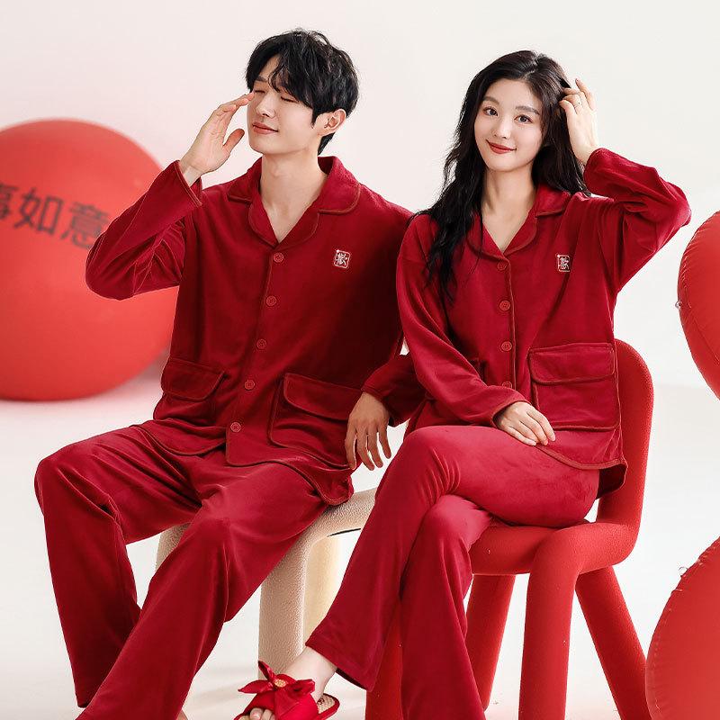 Couple pajamas birth year autumn and winter island velvet wedding newlywed winter is red high-end winter wear suit