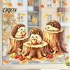 Cute Animal Window Art Little Hedgehog Tree Stump Static Sticker, Watercolor Decorative Thanksgiving Decorations Decal, Reusable PVC Cling for Autumn