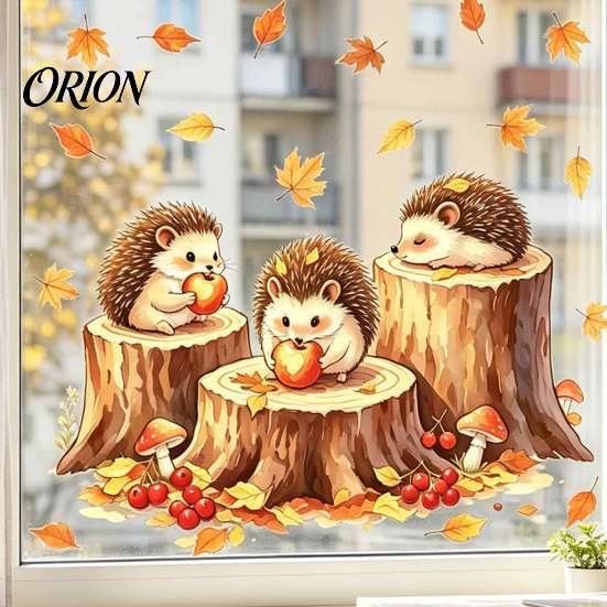 Cute Animal Window Art Little Hedgehog Tree Stump Static Sticker, Watercolor Decorative Thanksgiving Decorations Decal, Reusable PVC Cling for Autumn