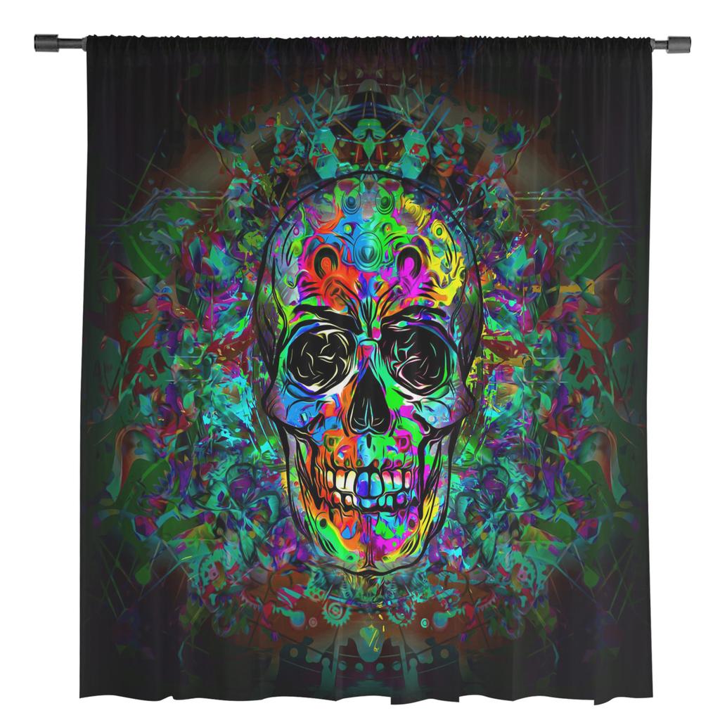 Colored Skull Art Window Treatment Tulle Modern Sheer Curtains for Kitchen Living Room the Bedroom Curtains Decoration