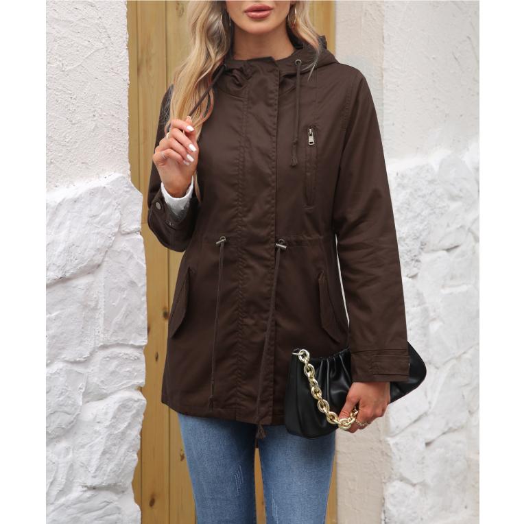 

Women s Hooded Trench Coat Spring Autumn Fitted Solid Color Jacket for Daily Outdoor Camping Hiking 4XL кавовий