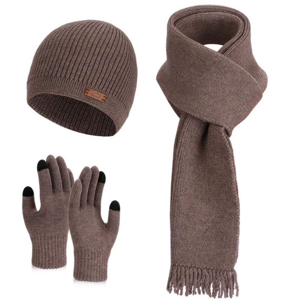3 Piece Set Knit Beanie Hat Soft Plush Material Windproof Beanies Cap Hat Scarf Gloves Set  For Men