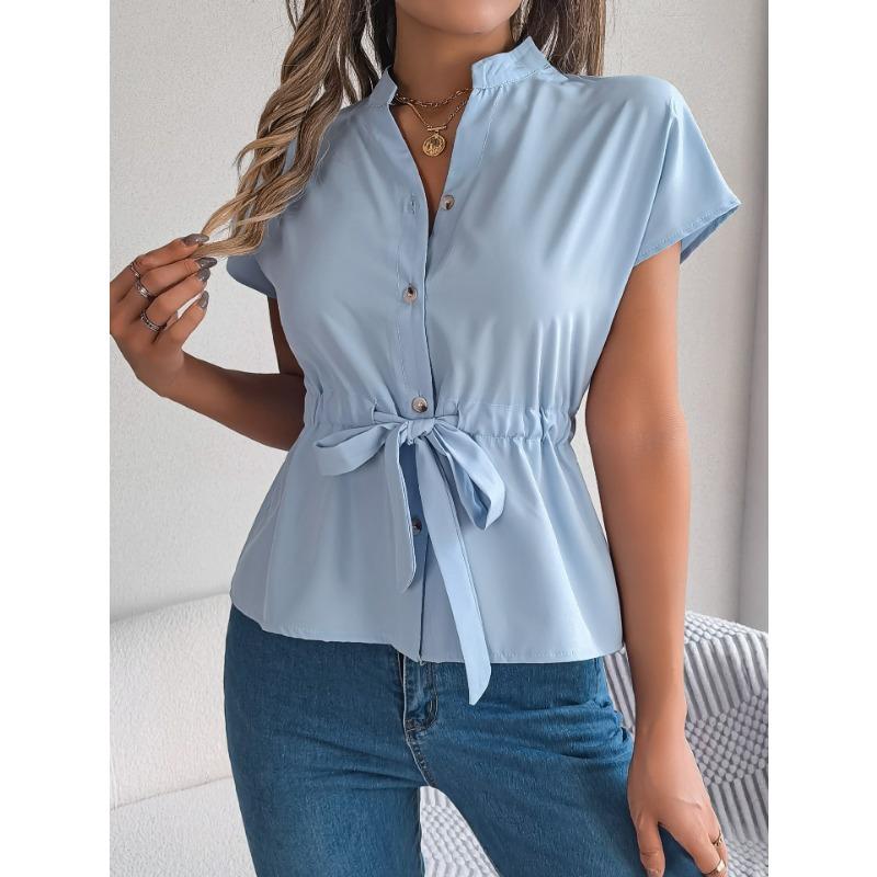 Camicia da Donna a Maniche Corte in Chiffon con Scollo a V Bottoni Camicia Modelli con Cintura Temperamento Elegante Top
