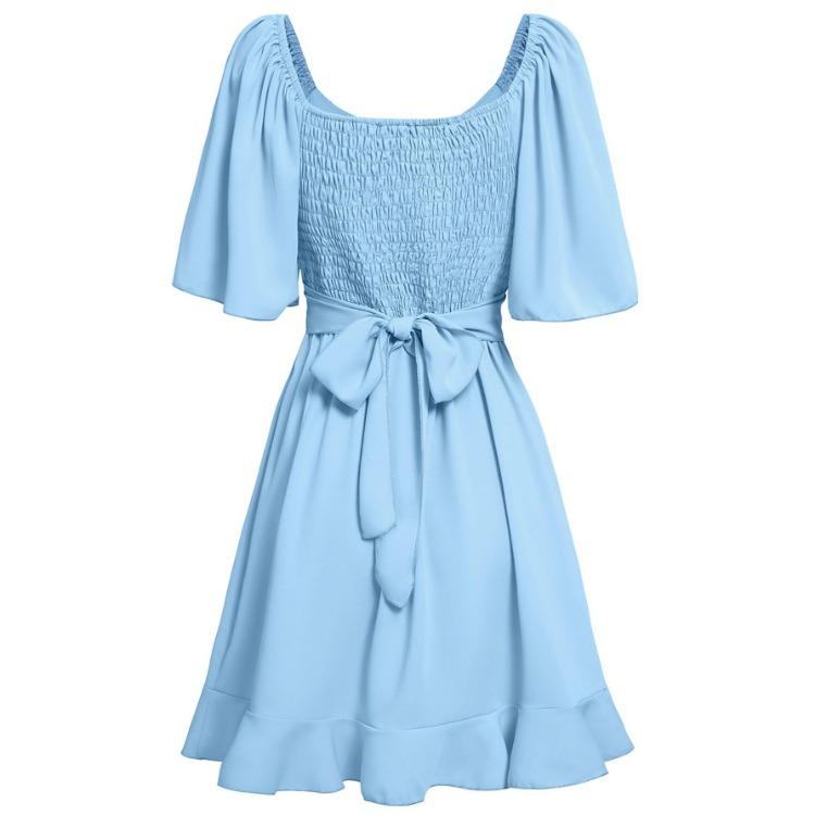 Women Summer Casual V-Neck Short Dress Solid Color A-Line High Waist Above Knee Lotus Leaf Sleeve Spring Dress S-XL