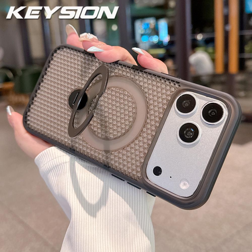 

KEYSION Heat Dissipation Magnetic Phone Case for iPhone 11 12 13 14 15 16 17 Pro Max Air 16 Plus 360° Ring Stand Shockproof Lens Protector Cover for iPhone 17 чёрный
