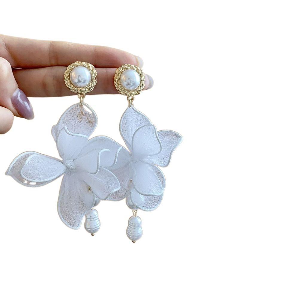 Exaggerated Mesh Flower Dangle Earrings Pearl Pedant Petals Stud Earrings  Ladies/Girls