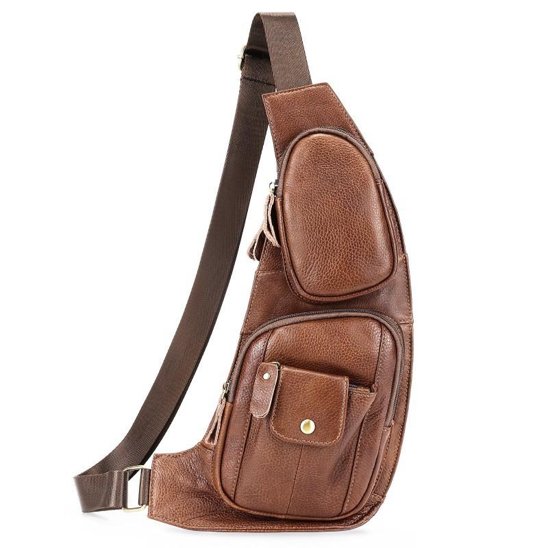 Real Leather Men s Chest Bag New Casual Retro Single Shoulder Crossbody First Layer Cowhide Multifunctional коричневый