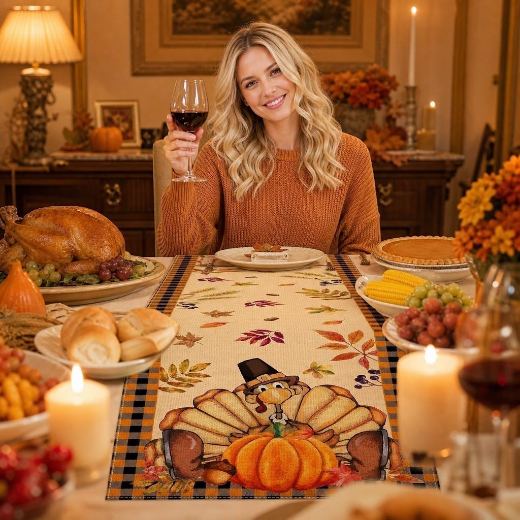 Thanksgiving kalkun bordløber 183x33cm Efterårsblade Mønster Dekorativ dug til ferie Spisestue Køkken Brug