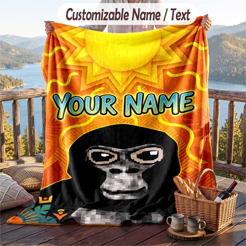 Gorilla Tag cartoon Flannel Blanket, Personalized Custom Name Text, Soft Warm Plush Throw Blanket For Gift